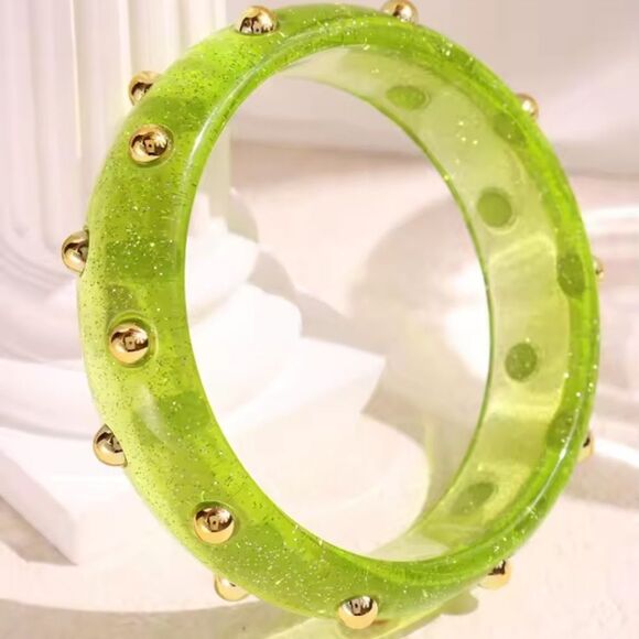 New FREE PEOPLE Pink Studded Resin Bangle Bracelet In Green - Picture 7 of 8